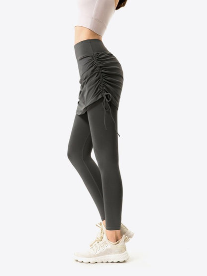 Drawstring Ruched Faux Layered Yoga Leggings Activewear LoveAdora