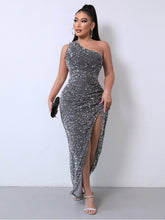 Load image into Gallery viewer, Sequin One Shoulder Split Maxi Dress Evening Gown LoveAdora