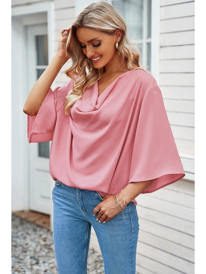 Short Sleeve Draped Blouse Tops LoveAdora