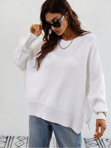 Exposed Seam Dropped Shoulder Slit Sweater Sweaters, Pullovers, Jumpers, Turtlenecks, Boleros, Shrugs LoveAdora