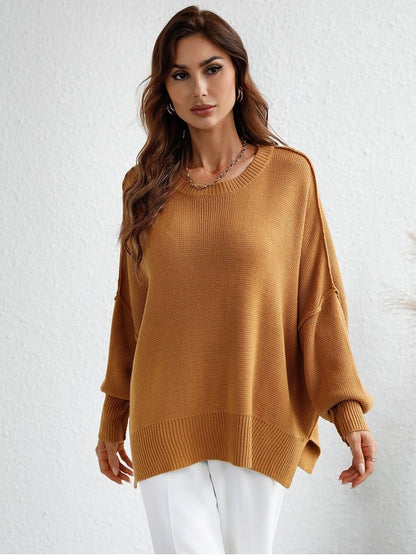 Exposed Seam Dropped Shoulder Slit Sweater Sweaters, Pullovers, Jumpers, Turtlenecks, Boleros, Shrugs LoveAdora