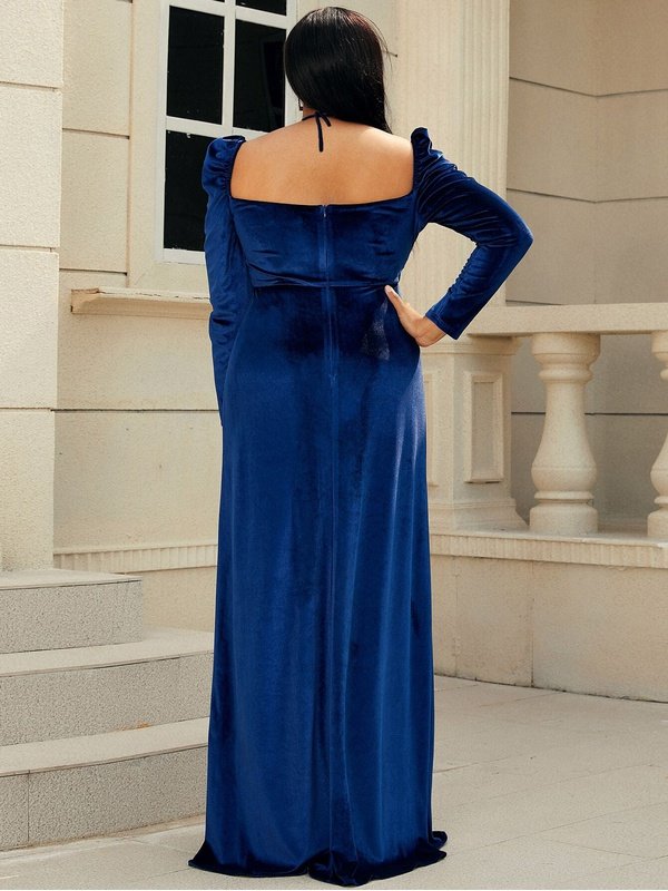 Plus Size Halter Neck Puff Sleeve Velvet Dress Evening Gown LoveAdora