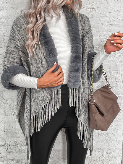 Open Front Fringe Hem Poncho Ponchos LoveAdora