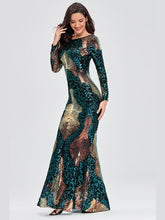 Load image into Gallery viewer, Contrast Sequin Open Back Long Sleeve Fishtail Dress Evening Gown LoveAdora