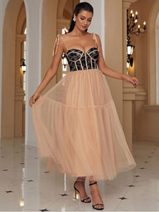 Two-Tone Tie-Shoulder Spliced Tulle Dress Evening Gown LoveAdora