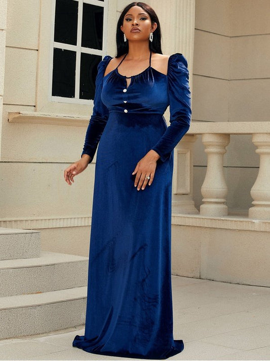 Plus Size Halter Neck Puff Sleeve Velvet Dress Evening Gown LoveAdora