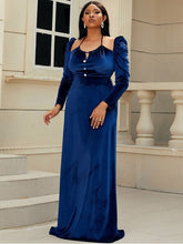Load image into Gallery viewer, Plus Size Halter Neck Puff Sleeve Velvet Dress Evening Gown LoveAdora