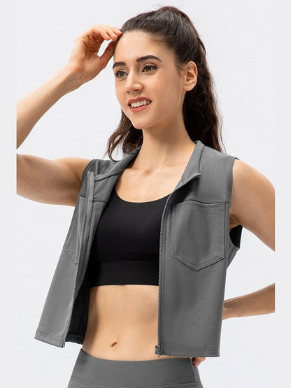 Highly Stretchy Zip Up Sports Vest with Breast Pockets Activewear LoveAdora