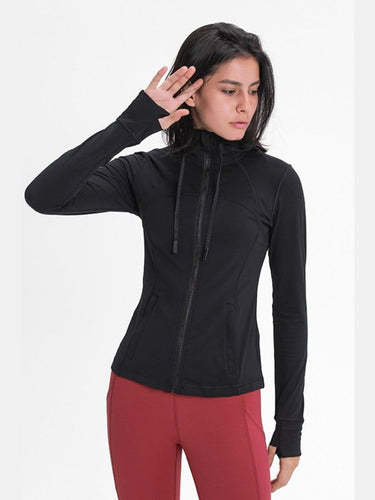 Zip Up Drawstring Detail Hooded Sports Jacket Activewear LoveAdora
