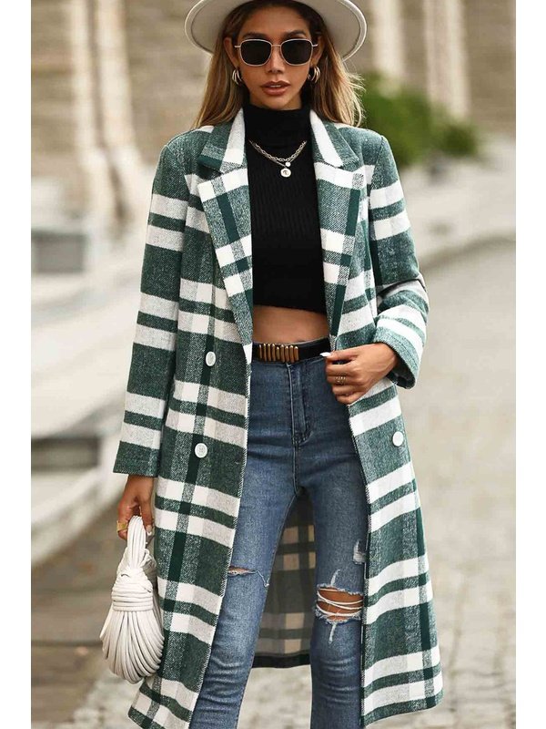 Plaid Double-Breasted Lapel Collar Belted Coat Jackets & Coats LoveAdora