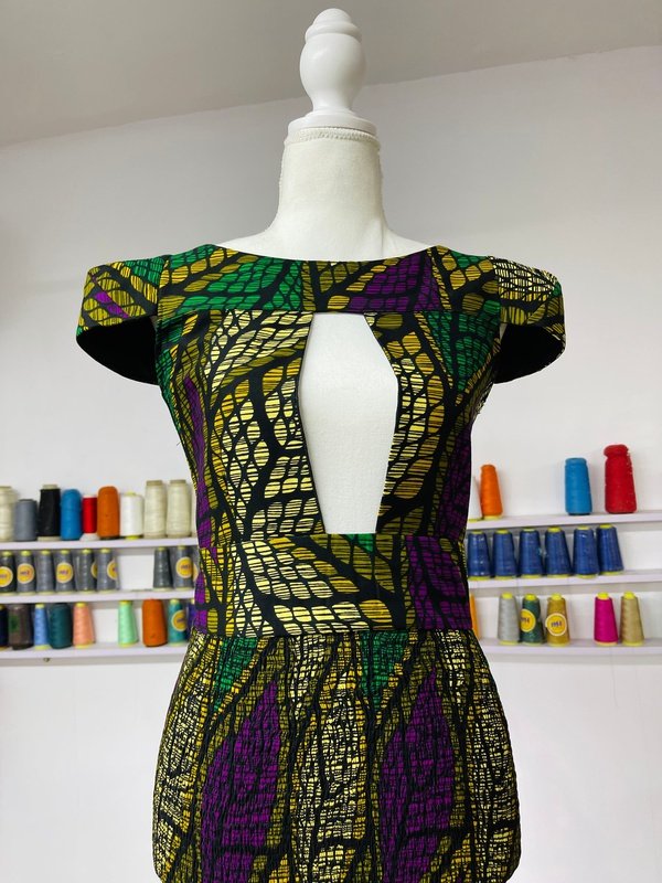 Dimaz African Print Ladies Dress, Golds Purple Green, 