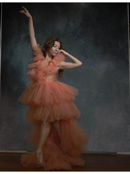 Peach tulle layered dress hand designed