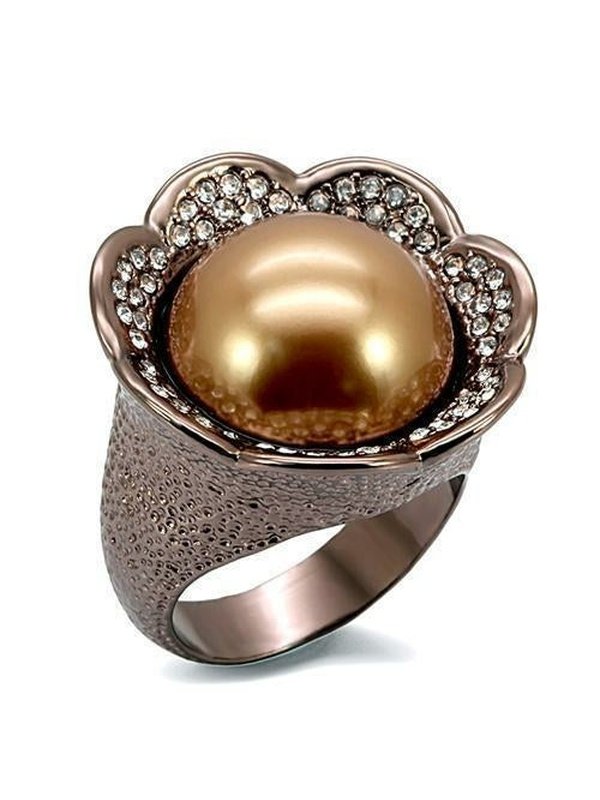 Ladies Fashion Ring Chocolate Gold Brass Ring with Synthetic Pearl in Brown Ring LoveAdora
