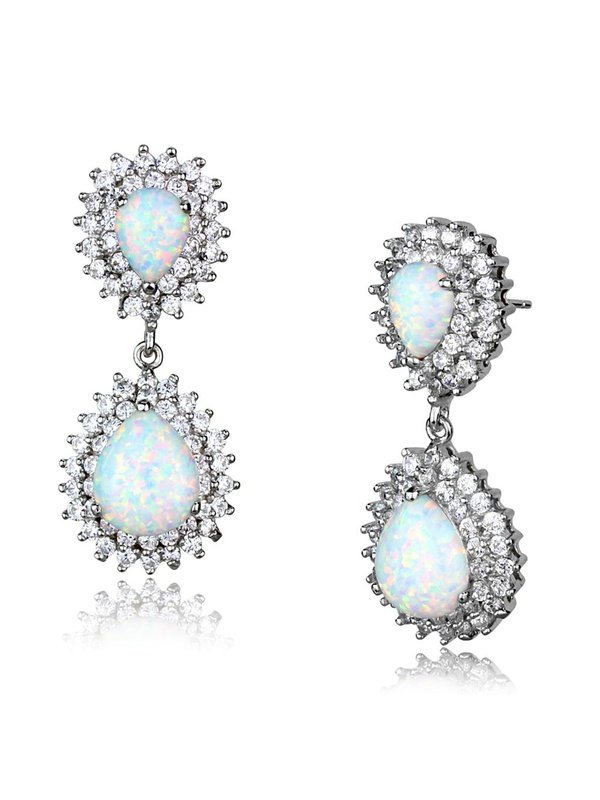 Rhodium 925 Sterling Silver Earrings with Semi-Precious Opal