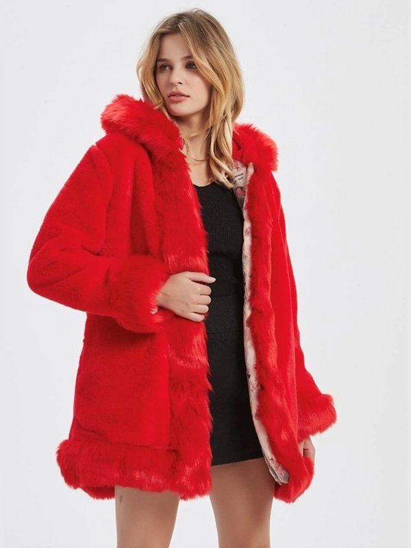 Womens Hooded Faux Fur Collar Coat Jackets & Coats LoveAdora
